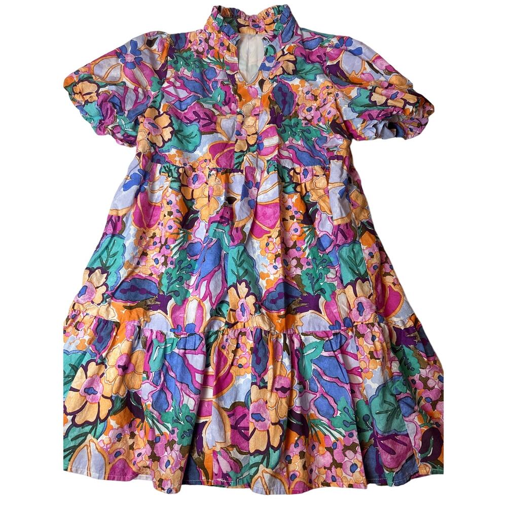 Colorful‎ Vibrant Women's Flowy Floral Dress Puffy Sleeves Lined M/L
